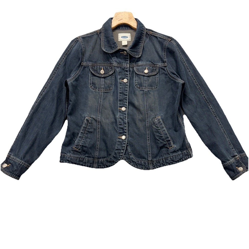 Vintage Old Navy Denim Trucker Jacket Womens XL Blue Chore‎ Biker Fade Y2K